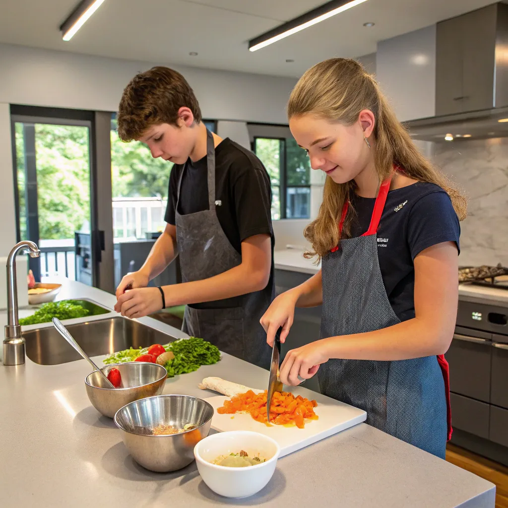 Teens cooking in a modern kitchen