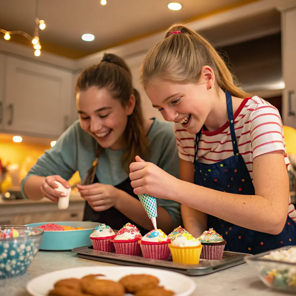 Teens baking cupcakes