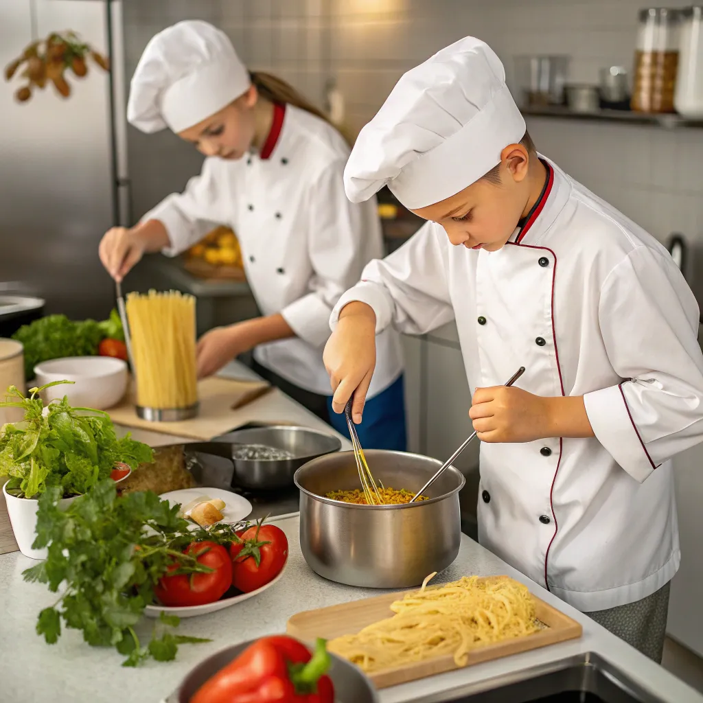 Young chefs preparing pasta